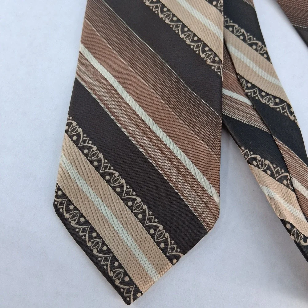 Beau Brummell Necktie Mens‎ Brown Tan Striped Vintage Geometric Embroidered Tie